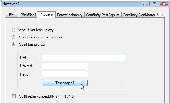 7.4. Připojení přes proxy Pod záložkou Připojení je možné nastavit bránu proxy. Tato brána hlídá datový provoz mezi vaší aplikací a okolním světem.