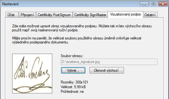 Předem si připravte soubor s podpisem vhodné velikosti (v některém z grafických formátů, například JPG či BMP). Klepnutím na tlačítko Vybrat se otevře dialog pro výběr souborů.
