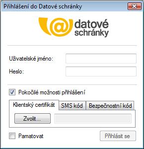 Způsob zabezpečení zvolíte klepnutím na jednu ze záložek Klientský certifikát, SMS kód nebo Bezpečnostní kód.