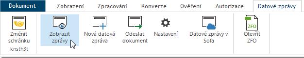 Okno seznamu se skládá ze dvou částí. Vlevo je seznam datových zpráv obsažených ve schránce.