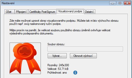 Klepnutím na tlačítko Vybrat se otevře známý dialog pro výběr souborů. Jeho pomocí zvolte soubor s obrázkem vizualizovaného podpisu. Obrázek se vykreslí v náhledovém okénku v levé části dialogu.