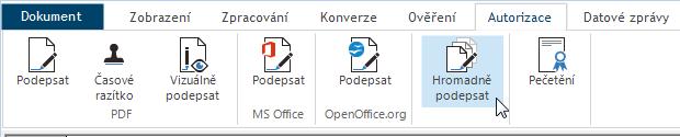 6.8. Hromadné podepsání dokumentů Větší množství PDF a Office dokumentů je možné najednou podepsat vybraným certifikátem v záložce Autorizace pomocí funkce Hromadně podepsat.