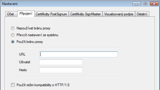 7.2. Připojení přes proxy Pod záložkou Připojení je možné nastavit bránu proxy. Tato brána hlídá datový provoz mezi vaší aplikací a okolním světem.