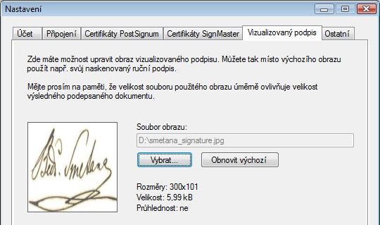 Předem si připravte soubor s podpisem vhodné velikosti (v některém z grafických formátů, například JPG či BMP). Klepnutím na tlačítko Vybrat se otevře dialog pro výběr souborů.