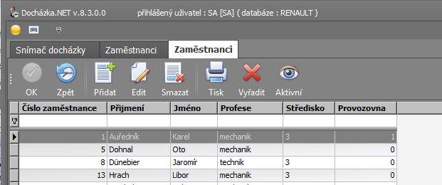 Zároveň tento číselník slouží jako seznam nebo sestava zaměstnanců, se kterou je možno snadno manipulovat. U této sestavy můžeme aktivní zaměstnance vyřadit.