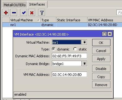 Dále nastavíme interface pro MetaROUTER a) Zvolíme kartu Interfaces b) Pomocí + přidáme nové rozhraní c) Zvolíme pro virtuální stroj d) Spojení bude dynamické e) Zvolíme dynamický bridge f) Potvrdíme