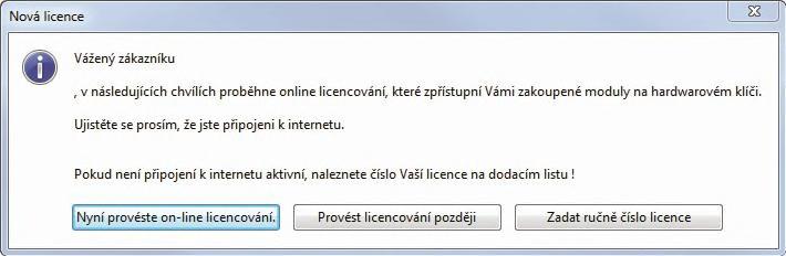 Online Licencování Po startu programu se v případě aktivního internetového připojení otevře následující systémové okno.