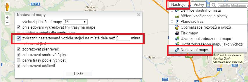Poznámka: Uživatel si může v nastavení mapy zvolit zvýraznění vozidel stojících na jednom místě (symbol žlutého trojúhelníku)