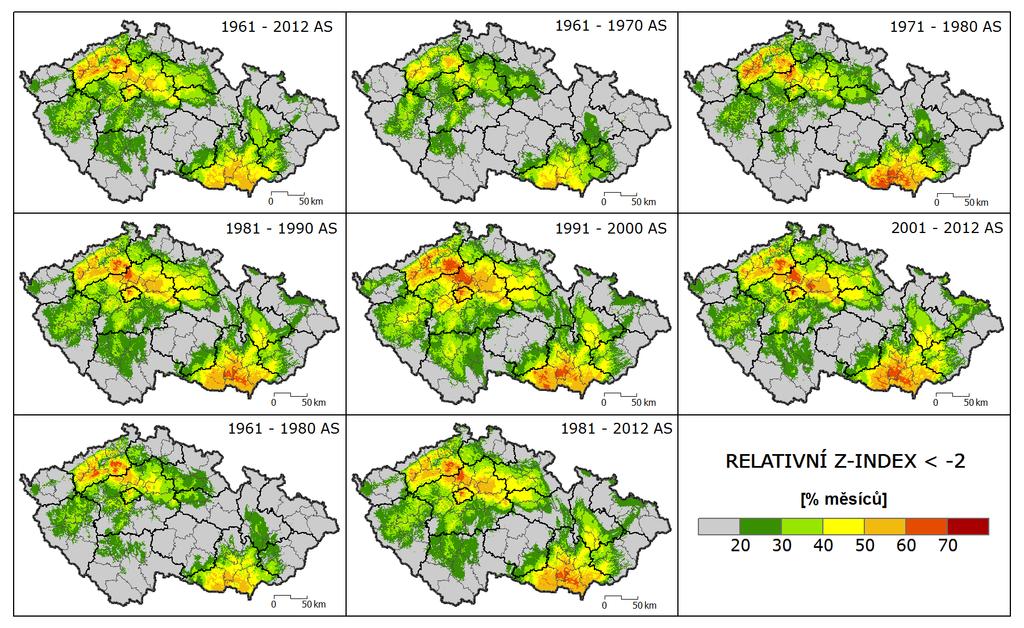 Horní dvojice map reprezentuje celý rok a dolní dvojice pak vegetační období tj. duben-červen. Hodnoty reprezentují období let 1961-2012.