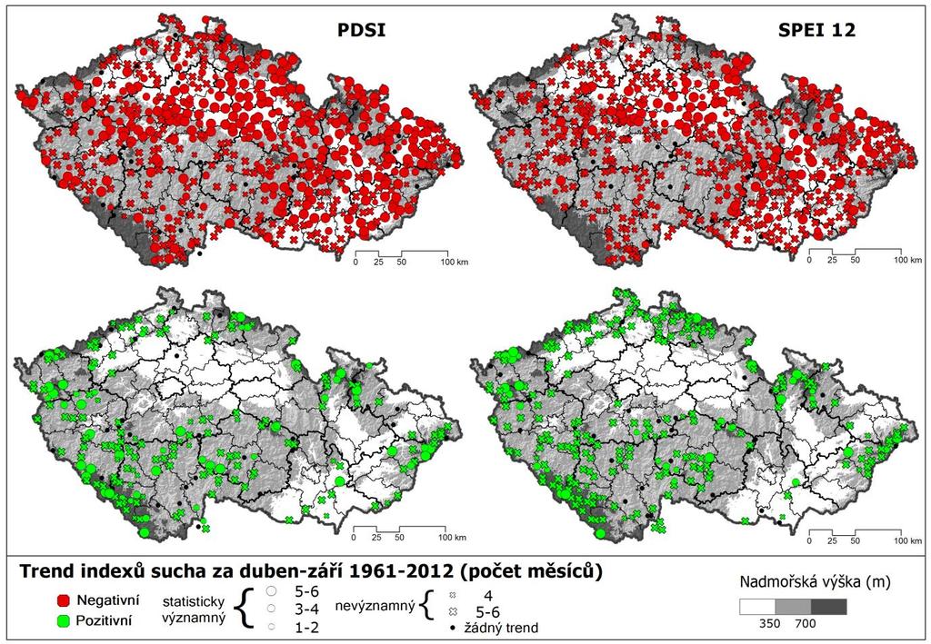 Analýza časových řad srážkových anomálií (s využití standardizovaného srážkového indexu SPI) pro různá časová období neprokázala podstatné změny v období 1961 2012 a na naprosté většině stanic nebyl