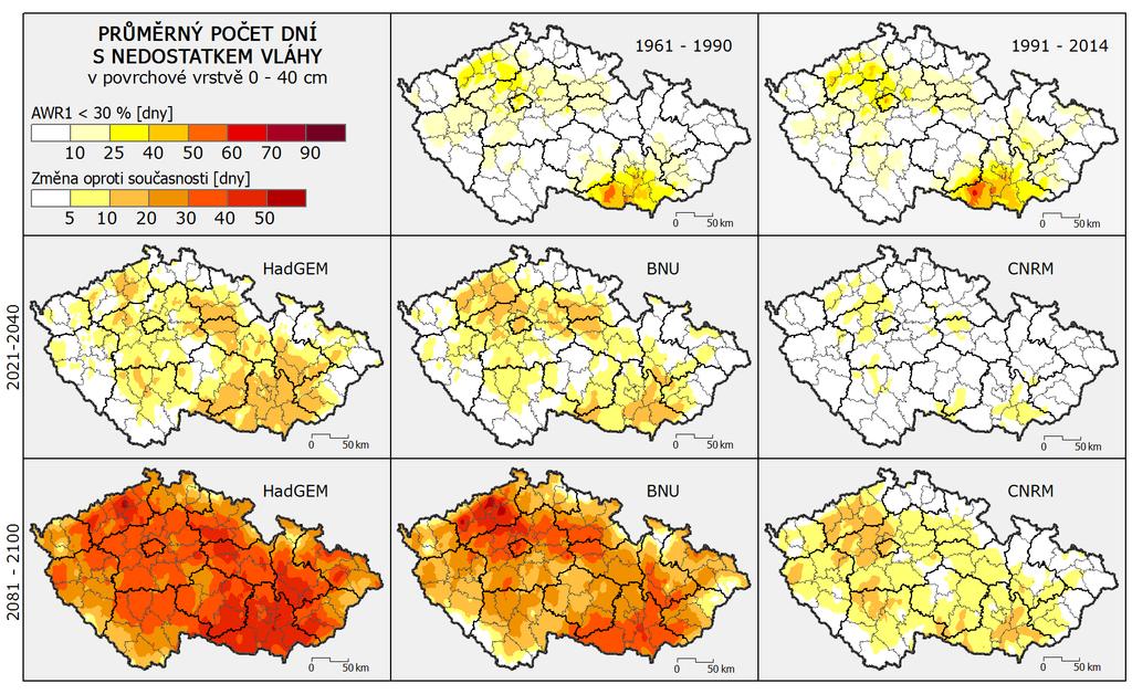 Obrázek 42 Průměrný počet dní s nedostatkem vláhy vyvolávajícím stres suchem (v povrchové vrstvě 0-40 cm) v období v období 1961-1990 a 1991-2014 a jeho změna (oproti 1991-2014) pro období let