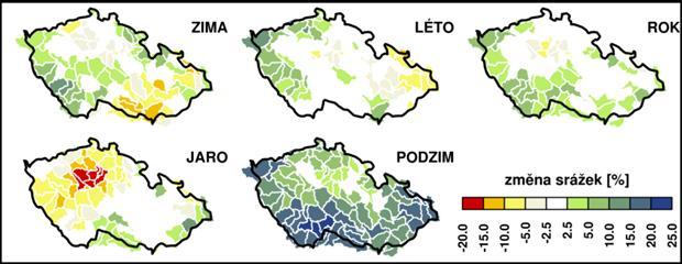 Obrázek 43 Pozorované změny srážek mezi obdobími 1961 1980 a 1981 2005 Zdroj: (Pretel, 2011) 4.3.2 Dopady predikovaných scénářů změny klimatu na vodní režim v ČR Podstata možných změn hydrologické bilance na našem území je známa již řadu let.