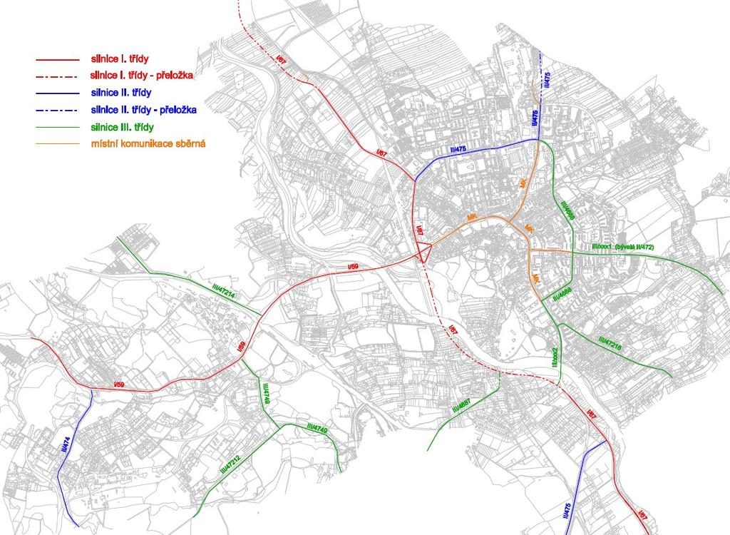 Orientační schéma hierarchie v komunikační síti: Pro průchod silnic I., II. a III. třídy řešeným územím jsou vymezeny Plochy dopravní infrastruktury silniční doprava DS. Úpravy na silnicích I.