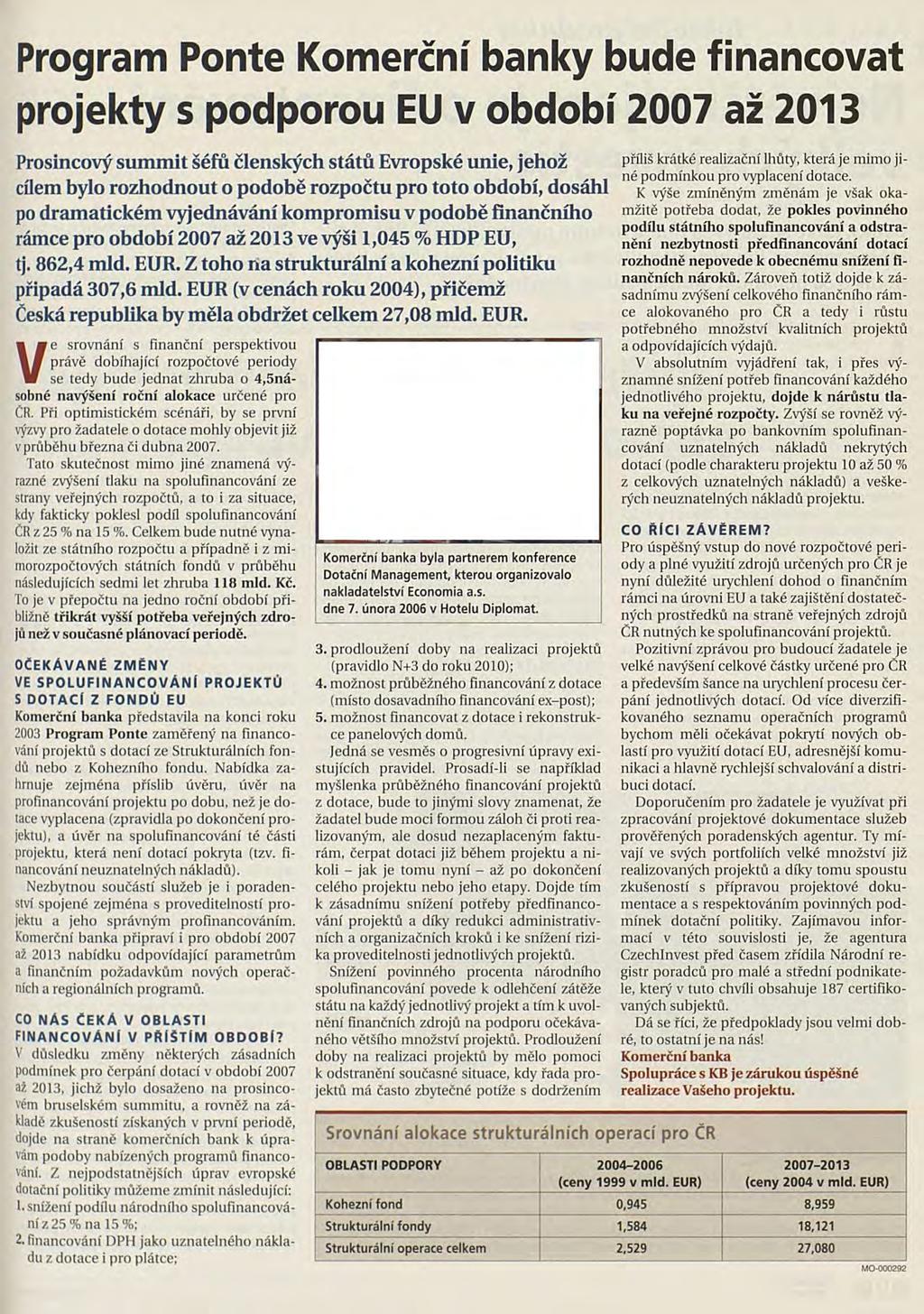 Program Ponte Komerční banky bude financovat projekty s podporou EU v období 2007 až 2013 Prosincový summit šéfů členských států Evropské unie, jehož cílem bylo rozhodnout o podobě rozpočtu pro toto