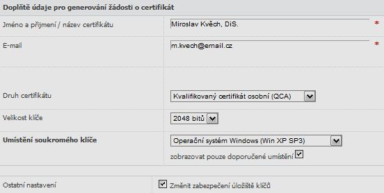 Nakonec můţeme stisknutím jednotlivých tlačítek podle poţadavků, vygenerovat dvojici klíčů a uloţit ţádost na disk počítače nebo přenosný USB flash disk, se kterým bude nutné se dostavit na kontaktní