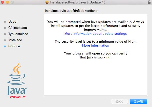 Závěrečné okno instalace ukončíte tlačítkem Zavřít.