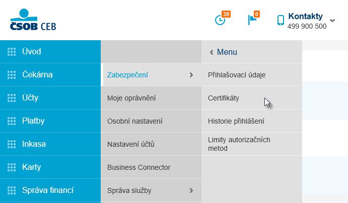 6.4 Zahájení vydání následného certifikátu v ČSOB internetovém bankovnictví V menu