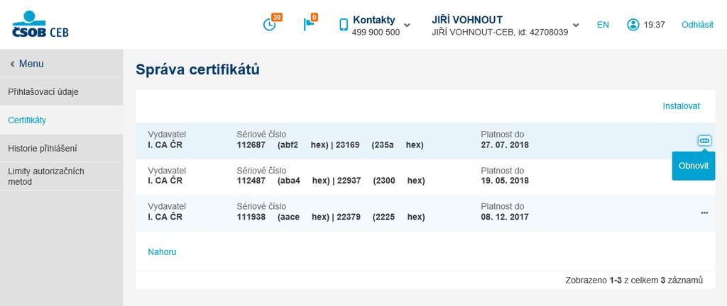 Z nabídky vyberte certifikáty, které chcete obnovit, a pod třemi tečkami v řádku s