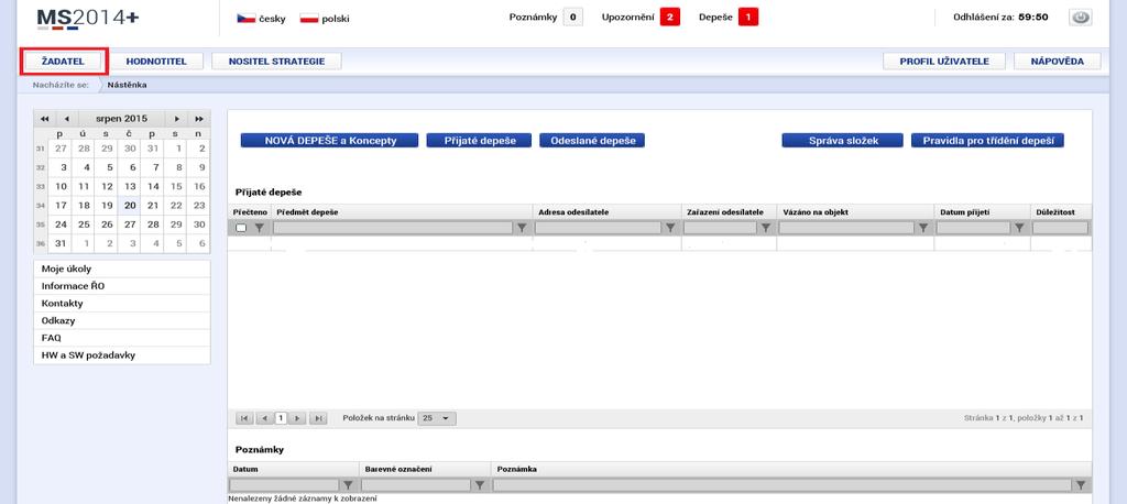 7.4 Postup podání ŽoP v aplikaci IS KP14+ ŽoP se příjemci zobrazí po rozkliknutí položky Žadatel.
