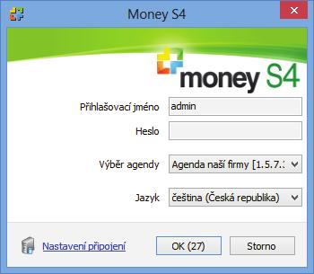 První spuštění První přihlášení do systému Money Po dokončení Průvodce připojením k databázím se otevře standardní Přihlašovací okno, se kterým se budete pravidelně potkávat při každém spuštění Money.
