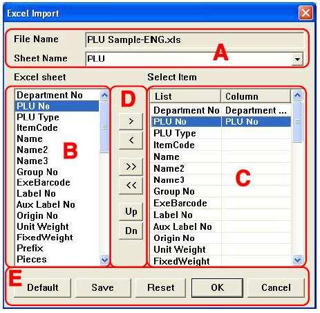 Obrázek 3-3 Import z Excelu D. V dialogovém poli zvolte tabulku, kterou chcete importovat. E. Zvolte složení sloupců tabulkového souboru (B) a sloupců programu CL-works (C), které mají být spojeny.