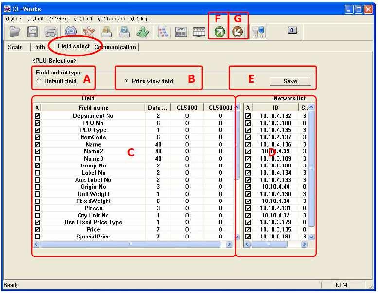 11.3. Volba polí (konfigurace polí PLU) Záložka Field Select (Volba polí) slouží pro nastavení polí v programu editoru PLU. Obsah této záložky je stejný jako na obrázku 11-3.