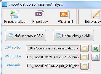 Připojený csv nebo xml soubor a také soubor FinAnalysis se zobrazí v příslušném okénku. Připojené soubory lze zobrazit v asociovaném programu, tedy většinou v MS Excelu a Internet Exploreru.