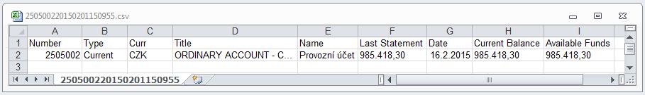 Obsahuje jak informaci o zůstatku z posledního výpisu, tak aktuální účetní a disponibilní zůstatek. Aktuální zůstatky jsou brány dle času přihlášení technického uživatele do BusinesNet Connectu.