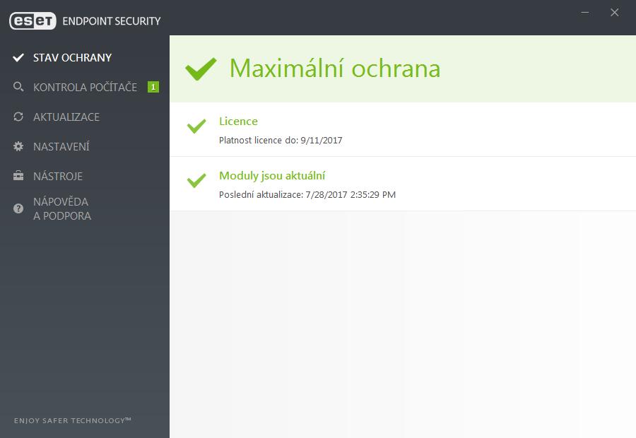 3.7 Začínáme Tato kapitola poskytuje první seznámení s produktem ESET Endpoint Security a jeho základním nastavení. 3.7.1 Seznámení s uživatelským prostředím Hlavní okno produktu ESET Endpoint Security je rozděleno na dvě hlavní části.