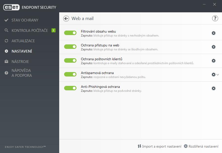 3.9.3 Web a mail Konfiguraci webu a e-mailu naleznete na záložce Nastavení, po kliknutí na část Web a mail. Odtud se také dostanete do rozšířeného nastavení programu.
