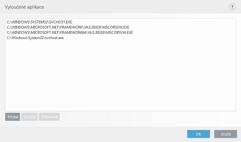 3.9.3.1.2 Vyloučené aplikace V tomto dialogovém okně vyberte aplikace, které chcete vyloučit z kontroly filtrování protokolů.