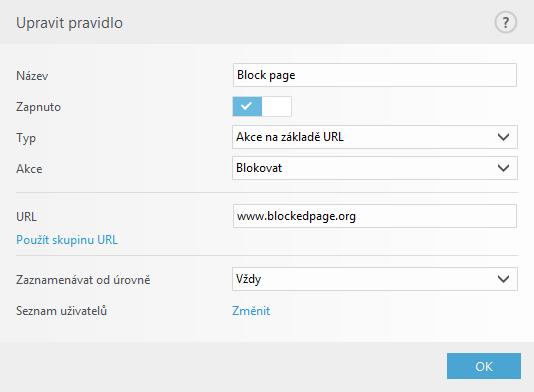 3.9.4.1.1 Přidání pravidla Pomocí tohoto dialogového okna můžete vytvářet nová a upravovat stávající pravidla filtrování obsahu webu. Do pole Název zadejte popis pravidla.