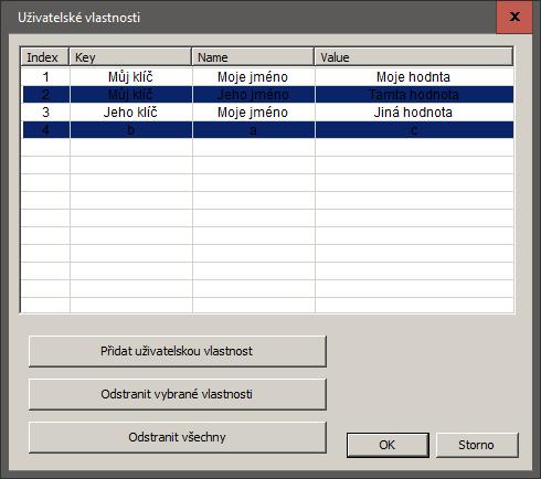 Uživatelskou vlastnosti lze jednoduše vybírat a mohou být odstraněny pomocí tlačítka Odstranit vybrané vlastnosti (Delete Selected Properties).