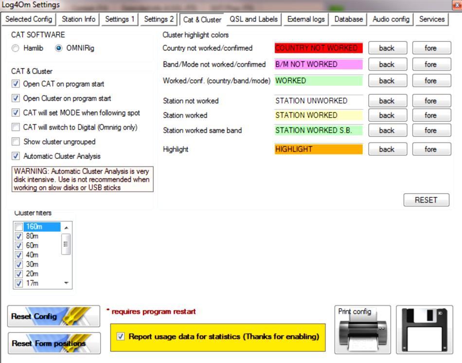 Cat & Cluster Pokud je zapotřebí připojení k vysílacímu zařízení, přejděte na kartu CAT & Cluster a vyberte požadované možnosti. Zvolte v části CAT SOFTWARE buď Hamlib nebo Omnirig.