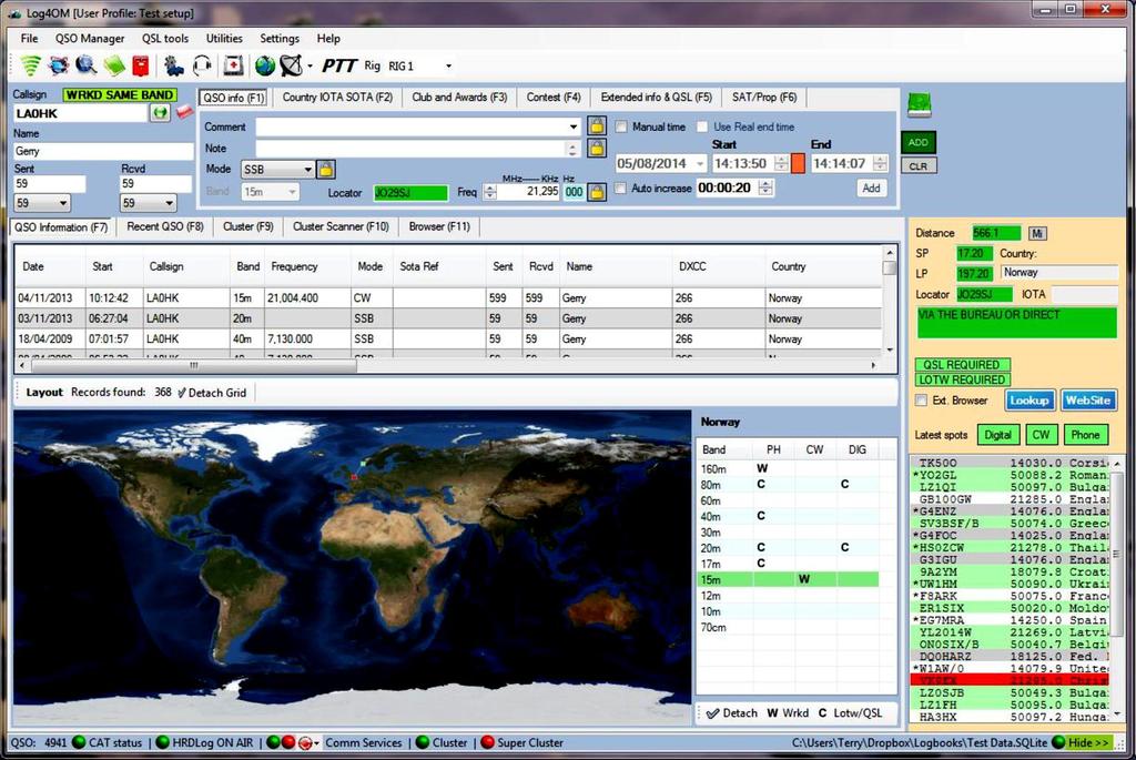QSO Information (F7) informace o spojeních Zadejte volací značku stanice, s níž jste dříve pracovali nebo dvakrát klikněte na bod clusteru (v pravé dolní části obrazovky) a zadejte značku do okna