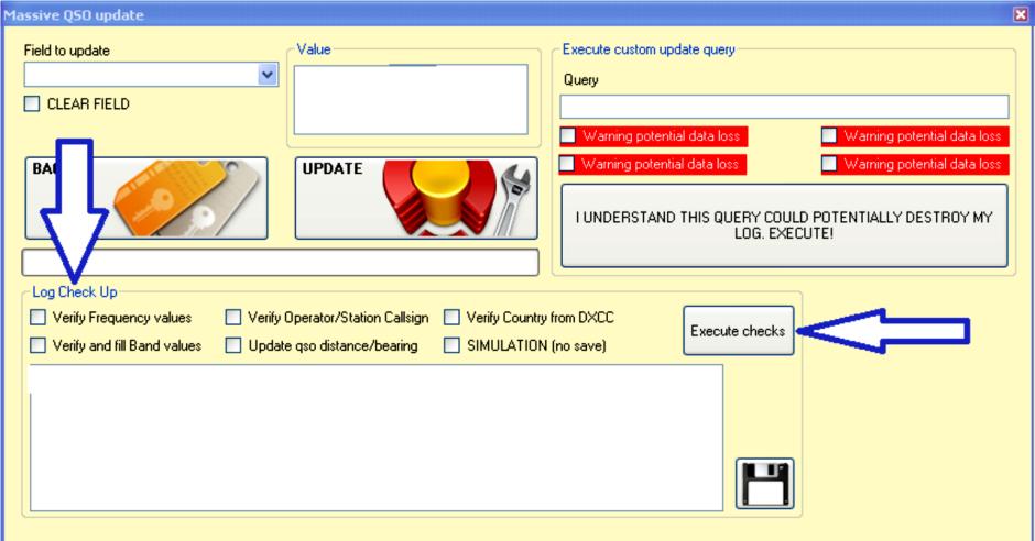 Postup: 1. označte políčko "Enable update". 2. zvýrazněte QSO pro aktualizaci/ověření. 3. klikněte na možnost "Field update".