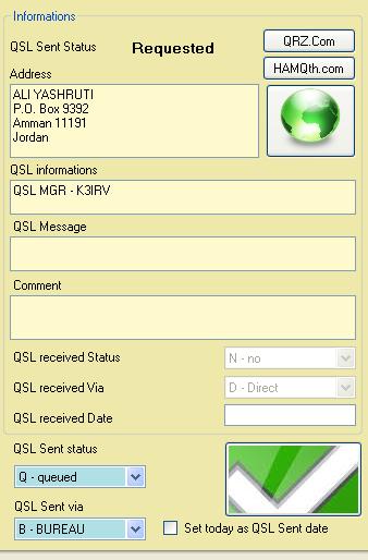 Contact Information kontaktní informace Tato obrazovka zobrazuje všechny relevantní informace pro kontakt s výjimkou stavu přijatého QSL. Informace lze aktualizovat z QRZ.