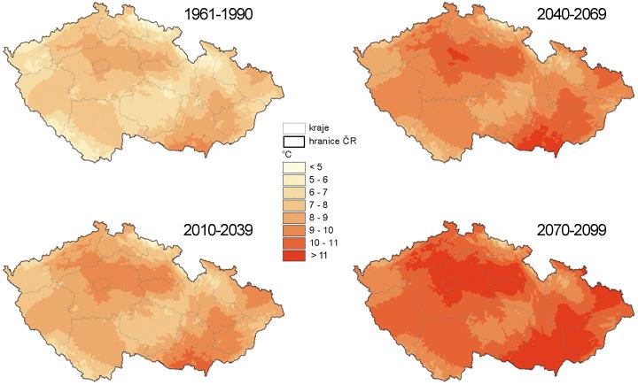 Obrázek 3: Dlouhodobé průměry ročních teplot v zduchu ( C) v referenčním a ve scénářových obdobích Zdroj: Pretel, 2011 Z dat z měřících stanic za období 1961 2010 vyplývá, že v posledních dvou