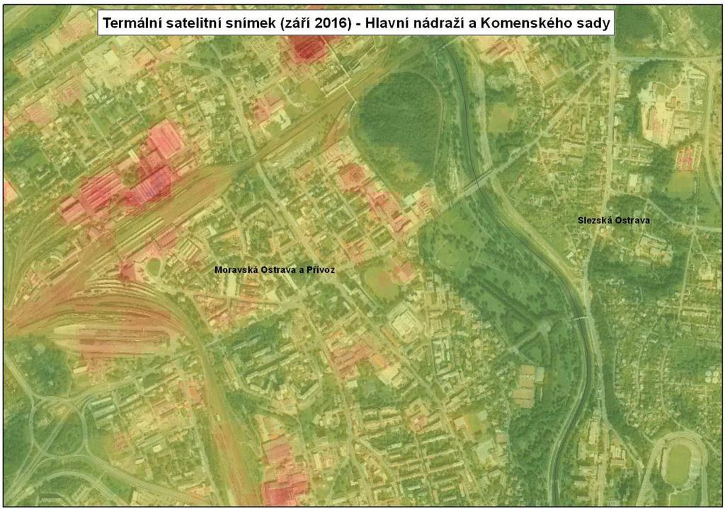 chladnější jsou také plošně rozsáhlejší parky na území města, jako jsou Komenského sady, park na Fifejdách. Obytná zástavba se pohybuje mezi těmito dvěma úrovněmi a závisí také na množství zeleně.