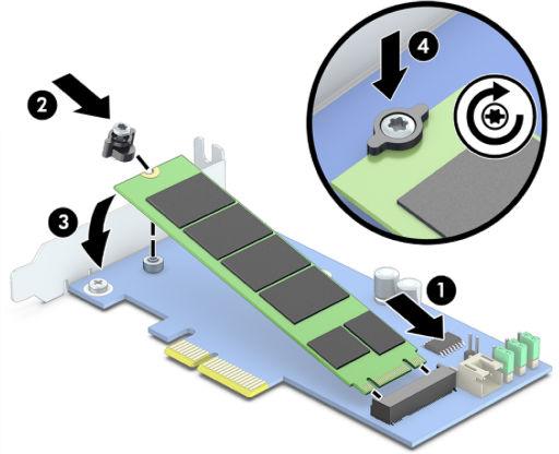 Modely bez konektorů M.2 Nainstalujte modul do držáku karty PCIe a poté vložte kartu držáku do rozšiřujícího slotu x4.