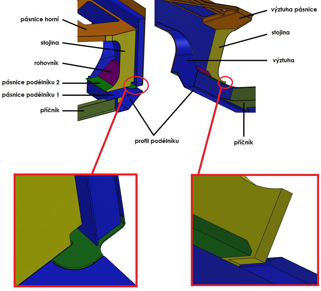 Levý detail ukazuje napojení dvou pásnic, z hlediska pevnosti je vhodné ukončit svarové spojení dvou pásnic kolmo na hranu plechu.