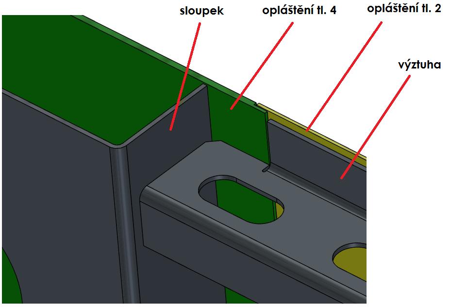Obrázek 42 detail napojení profilů Čelnice Rám dveří v čelnici tvoří dva L profily, nad kterými je vaznice čelnice, v němţ je příprava pro horní spojení
