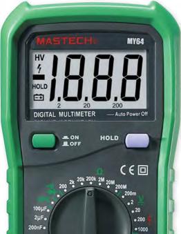 DIGITÁLNÍ MULTIMETRY MASTECH MY64, MY65 V, A, Ω, Hz, F, C, diody Digitální multimetry MY64, MY 65 umožňují měřit stejnosměrná i střídavá napětí a proudy v širokém rozsahu, kontinuitu s akustickou