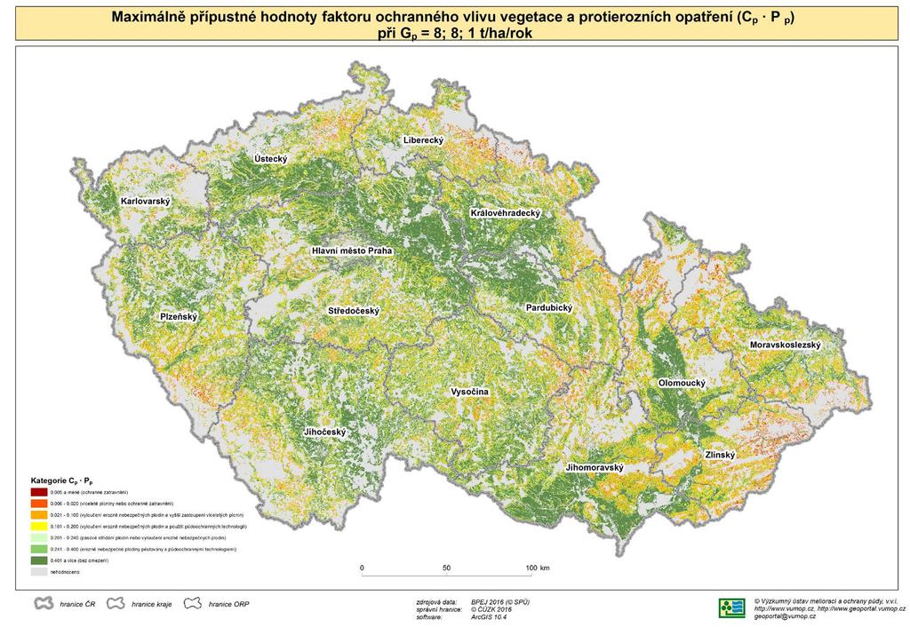 3 TEORETICKÉ MINIMUM K VODNÍ EROZI Obr. 3-7: Mapa Maximální přípustné hodnoty faktoru ochranného vlivu vegetace a protierozních opatření (C p.