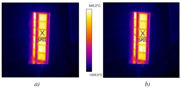 Měření v interiéru: t p > 100 C Termogram desky světlého plynového zářiče: a) zadání při změně odražené zdánlivé teploty na 100 C b) zadání při změně emisivity o -5 % 43/48 Sledované parametry