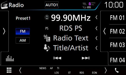 Rádio Rádio Základní ovládání rádia Většinu funkcí lze provádět z obrazovky ovládání zdroje. Pro zadání rozhlasového zdroje klepněte na ikonu [Radio] na obrazovce výběru zdroje. (str.