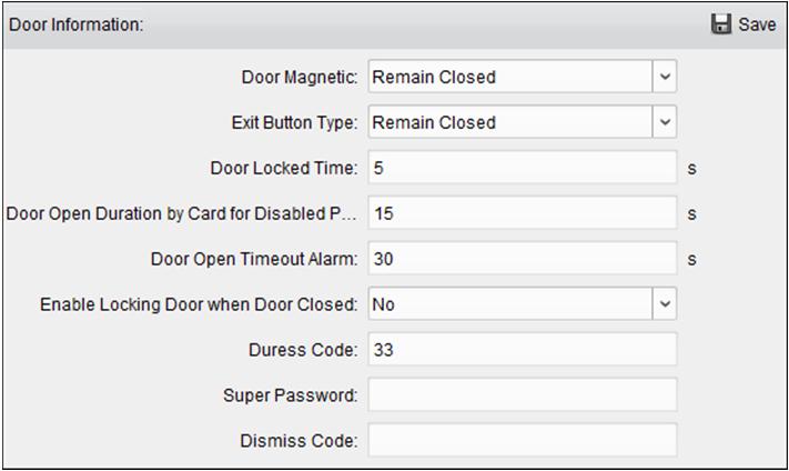 Pro vstup do rozhraní nastavení parametrů klikněte na kartu Access Control Parameters. Parametry dveří 1.