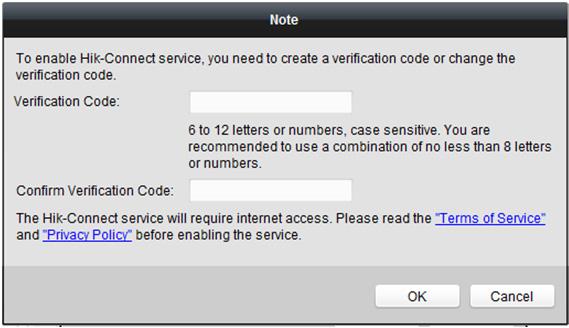 (Volitelně) Pokud to zařízení podporuje, při aktivaci povolte službu Hik-Connect. 1) Pro zobrazení dialogového okna Poznámka zaškrtněte políčko Enable Hik-Connect. 2) Vytvořte ověřovací kód.