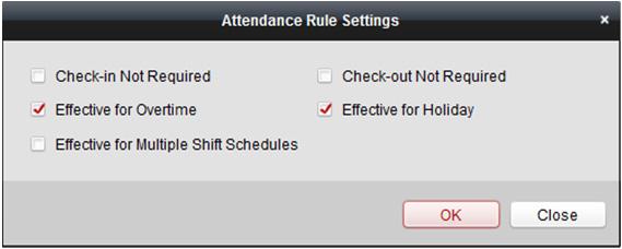 2) Pro zobrazení dialogového okna nastavení pravidel docházky klikněte na tlačítko Attendance Rule Settings.