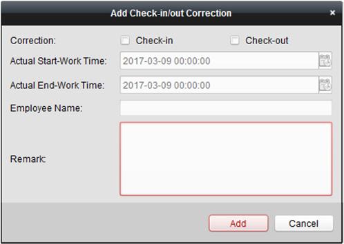 Pro zobrazení dialogového okna přidání korekce příchodu/odchodu klikněte na tlačítko Add. 3. Nastavte parametry korekce příchodu/odchodu.